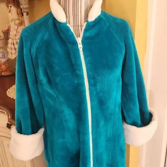Vintage David Brown teal plush nightgown robe women's size Small - Picture 2 of 5